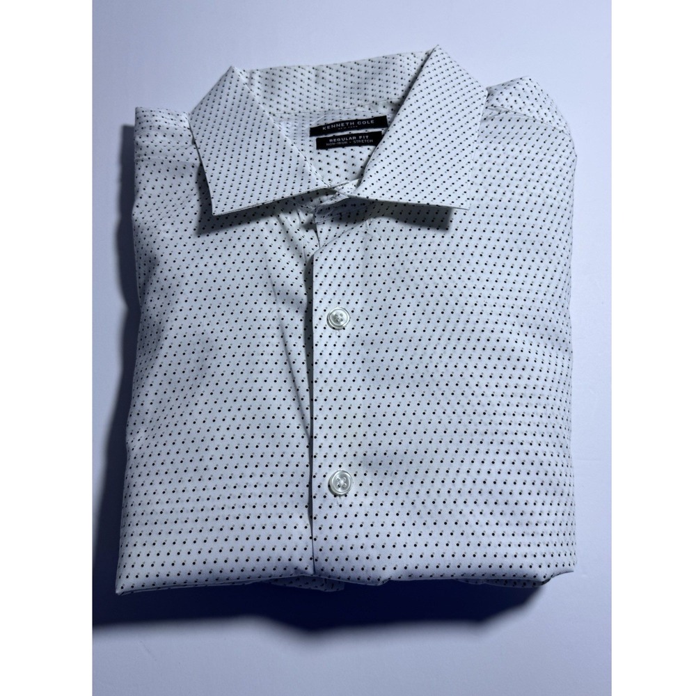 Kenneth Cole Shirt Mens XL 17.5 34/35 White Black Dot Regular Fit‎ Non-Iron